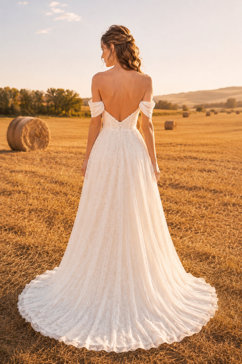 Off the Shoulder A-Line Wedding Dress with Sweetheart Neck and Front Split Skirt back view