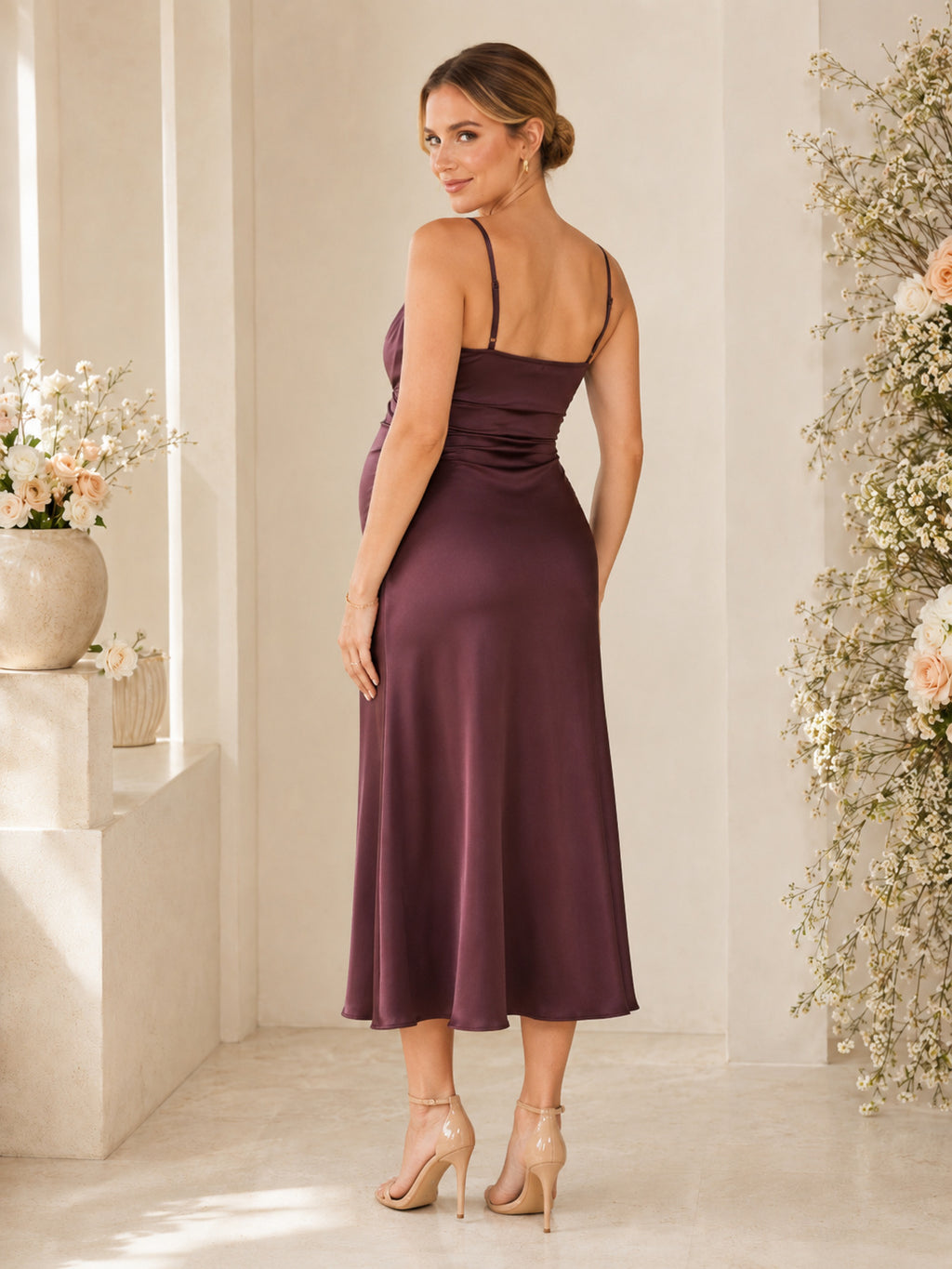 Plum Petite Maternity Cowl Neck Spaghetti Strap Satin Sheath Midi Dress back view