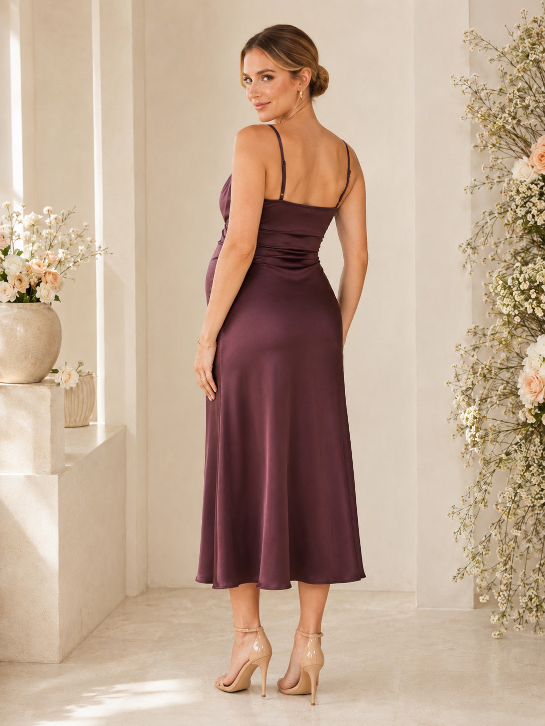 Plum Petite Maternity Cowl Neck Spaghetti Strap Satin Sheath Midi Dress back view