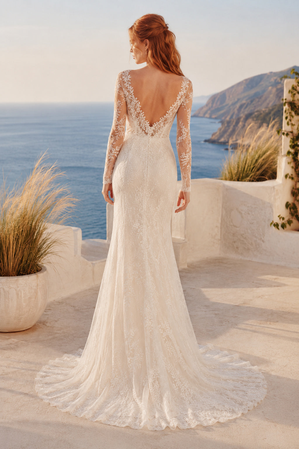 Ivory Long Sleeve Lace Mermaid Wedding Dress Low V Back Train for Bridal Ceremony and Reception back view