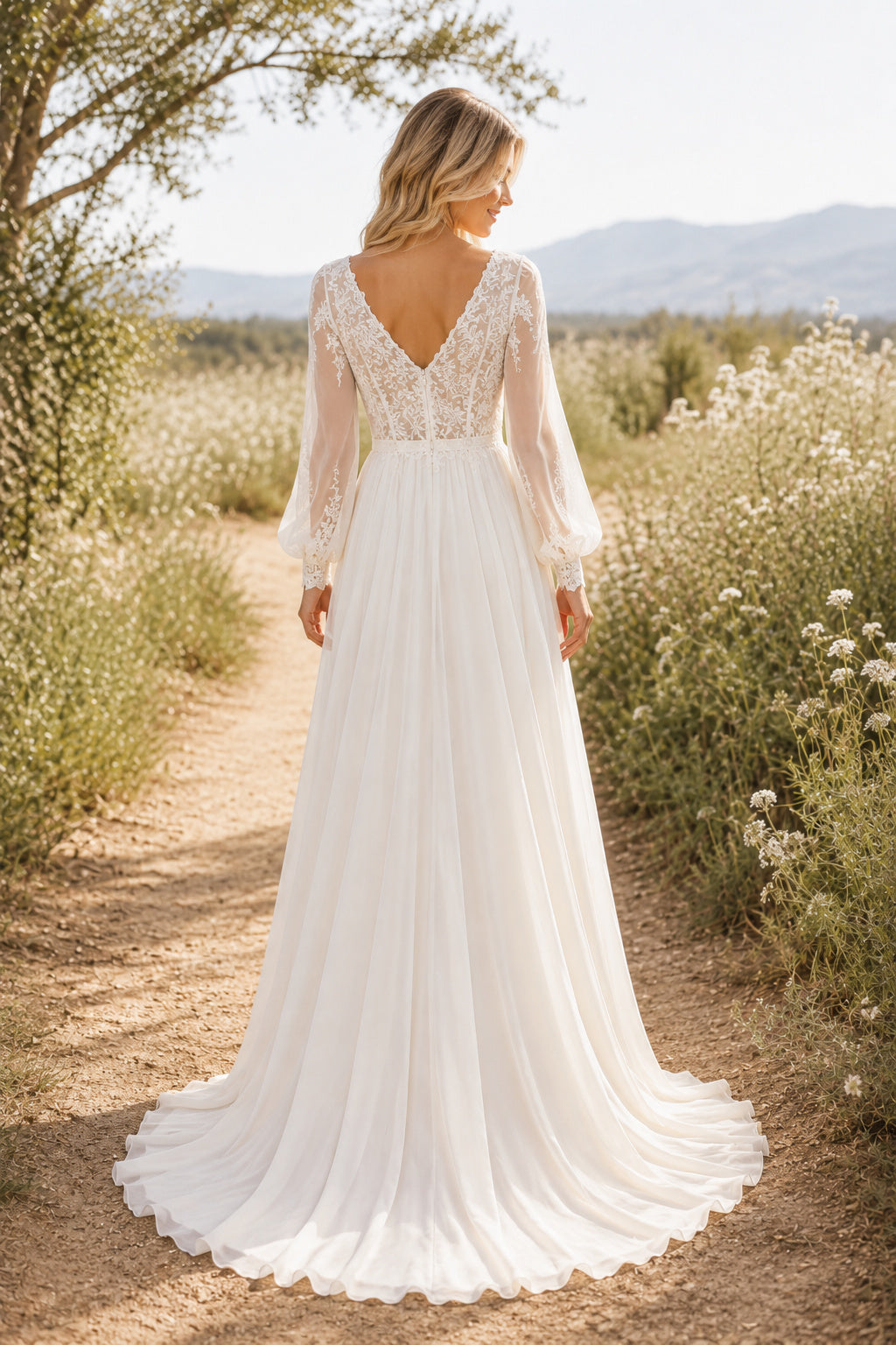 Ivory V-Neck Long Sleeve Chiffon A-Line Wedding Dress with Lace Bodice and Train back view