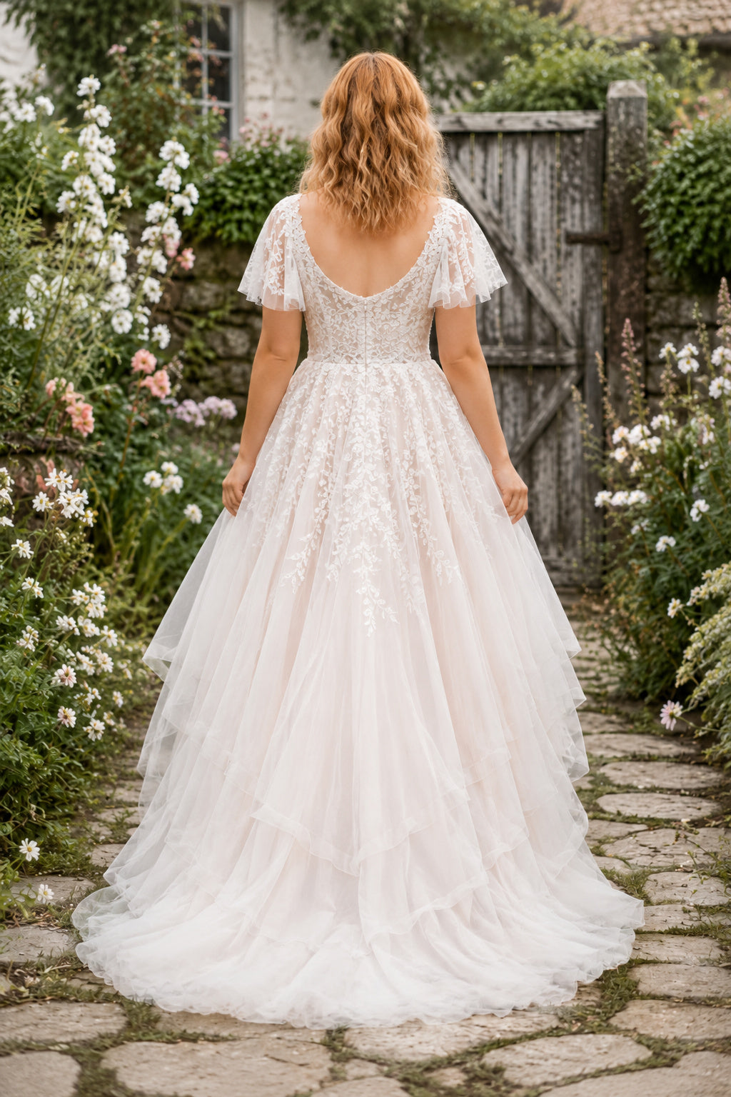 Plus Size Off the Shoulder High Low Wedding Dress with Lace Bodice and Tulle Skirt back view