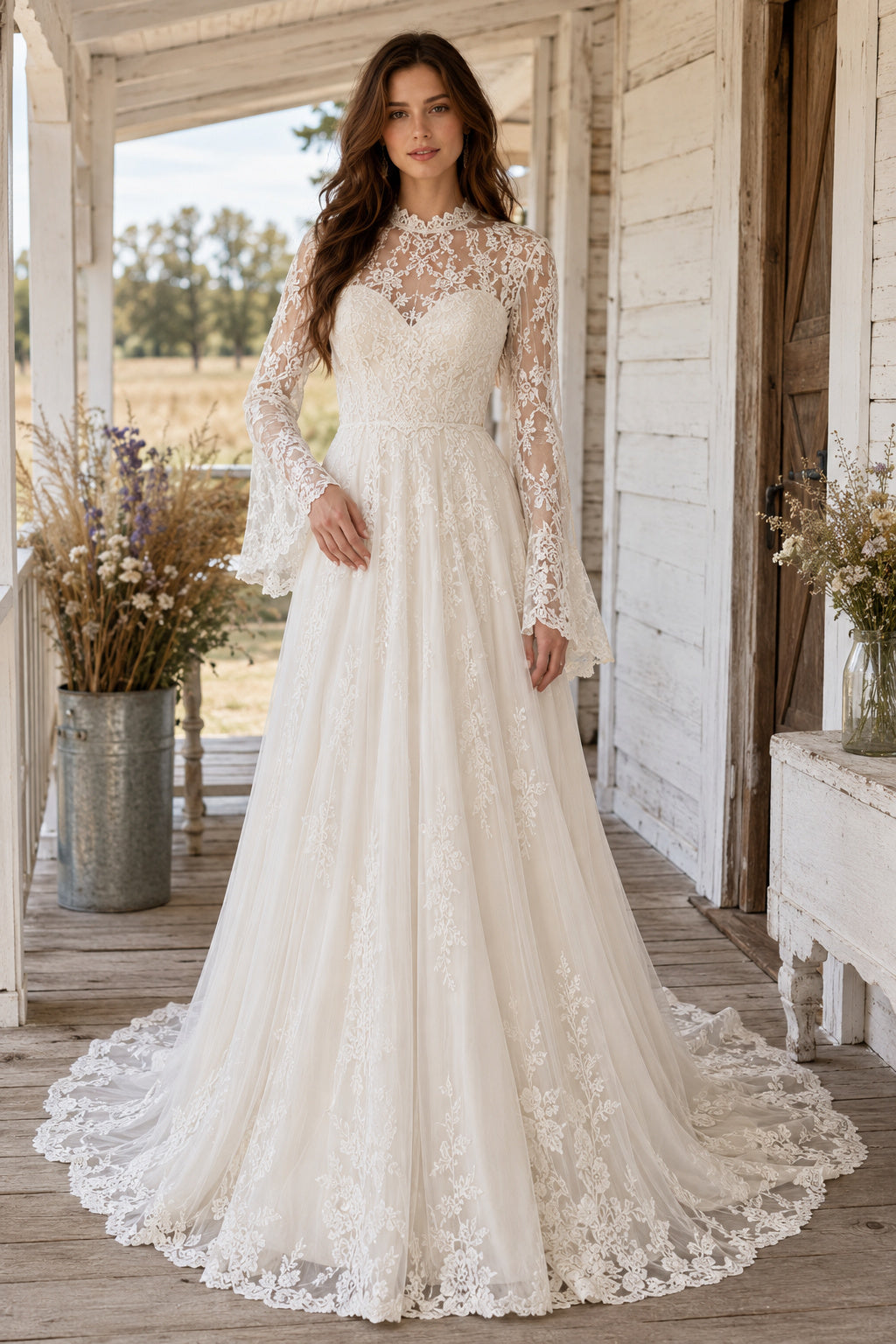 Ivory High Neck Long Sleeve Lace A-Line Wedding Dress with Illusion Bodice and Train front view