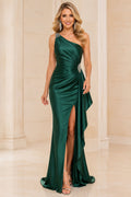 Dark Green One Shoulder Satin Sheath Evening Dress Crystal Brooch for Evening and Formal Events front view