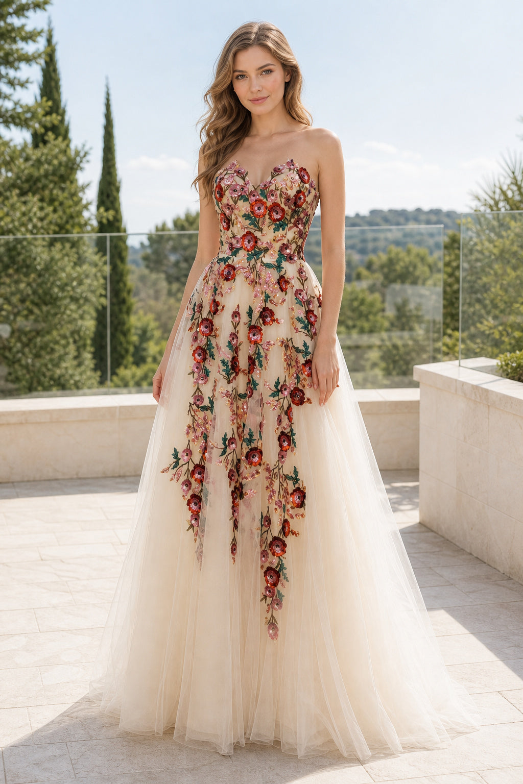 Ivory and Floral Strapless A-Line Tulle Floor-length Formal Dress With Floral Appliques and Beading