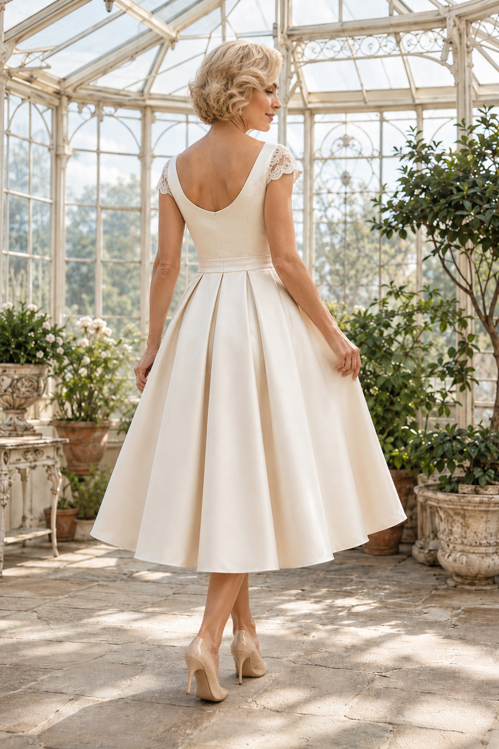 Ivory Bateau Satin Tea Length Wedding Dress Pockets for Wedding Reception and Party back view