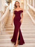 Burgundy Formal Black Tie Wedding Guest Bridesmaid Evening Formal Dress Mermaid Trumpet Floor-Length Off-Shoulder Sweetheart