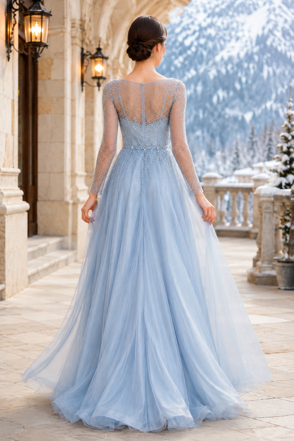 Sky Blue Long Sleeve Tulle A-Line Formal Dress with Lace Bodice back view