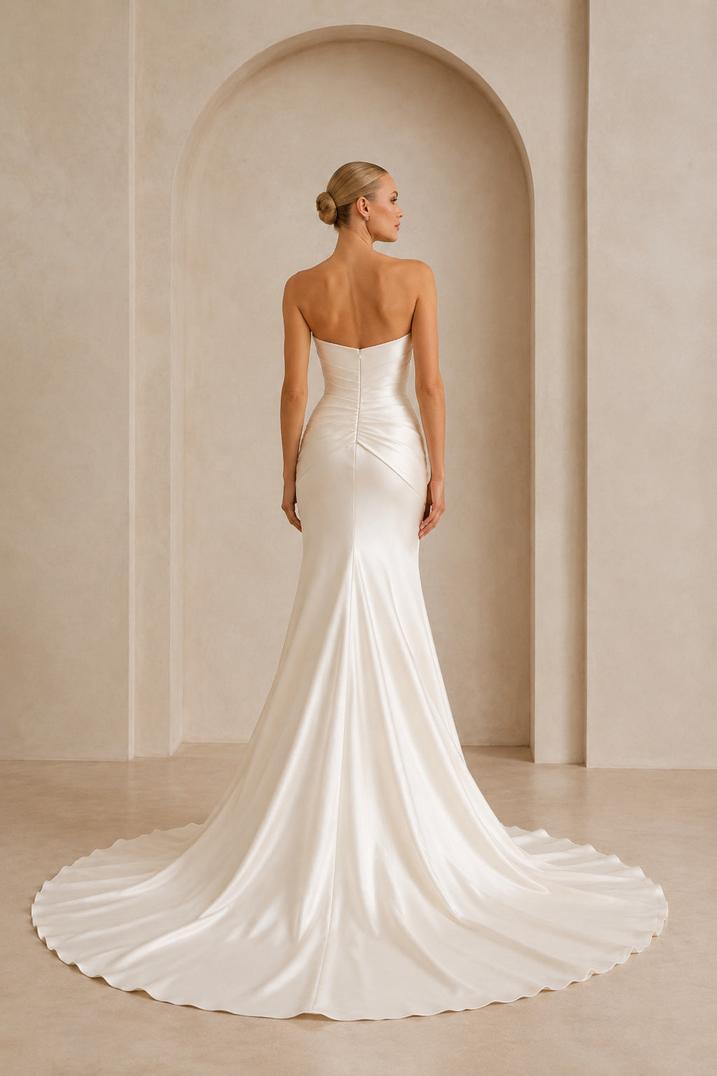 Ruched Strapless Satin Mermaid Wedding Dress with Sweep Train back view