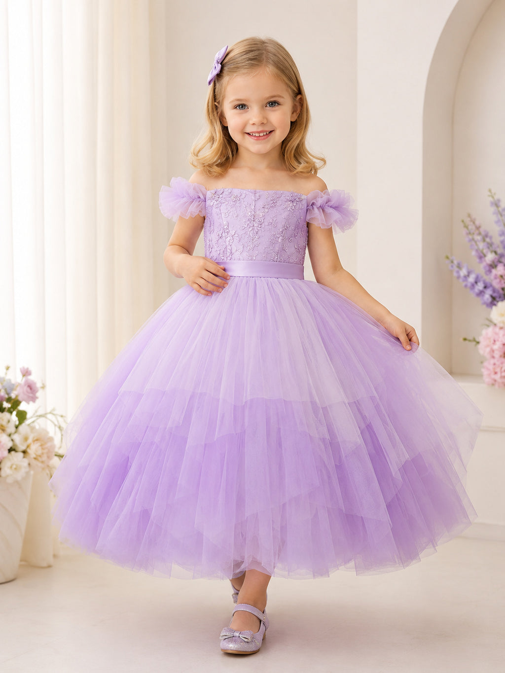 Lavender Luxury Princess Off-Shoulder Tiered Tulle Ball Gown Flower Girl Knee-Length Ruffle Formal Dress front view