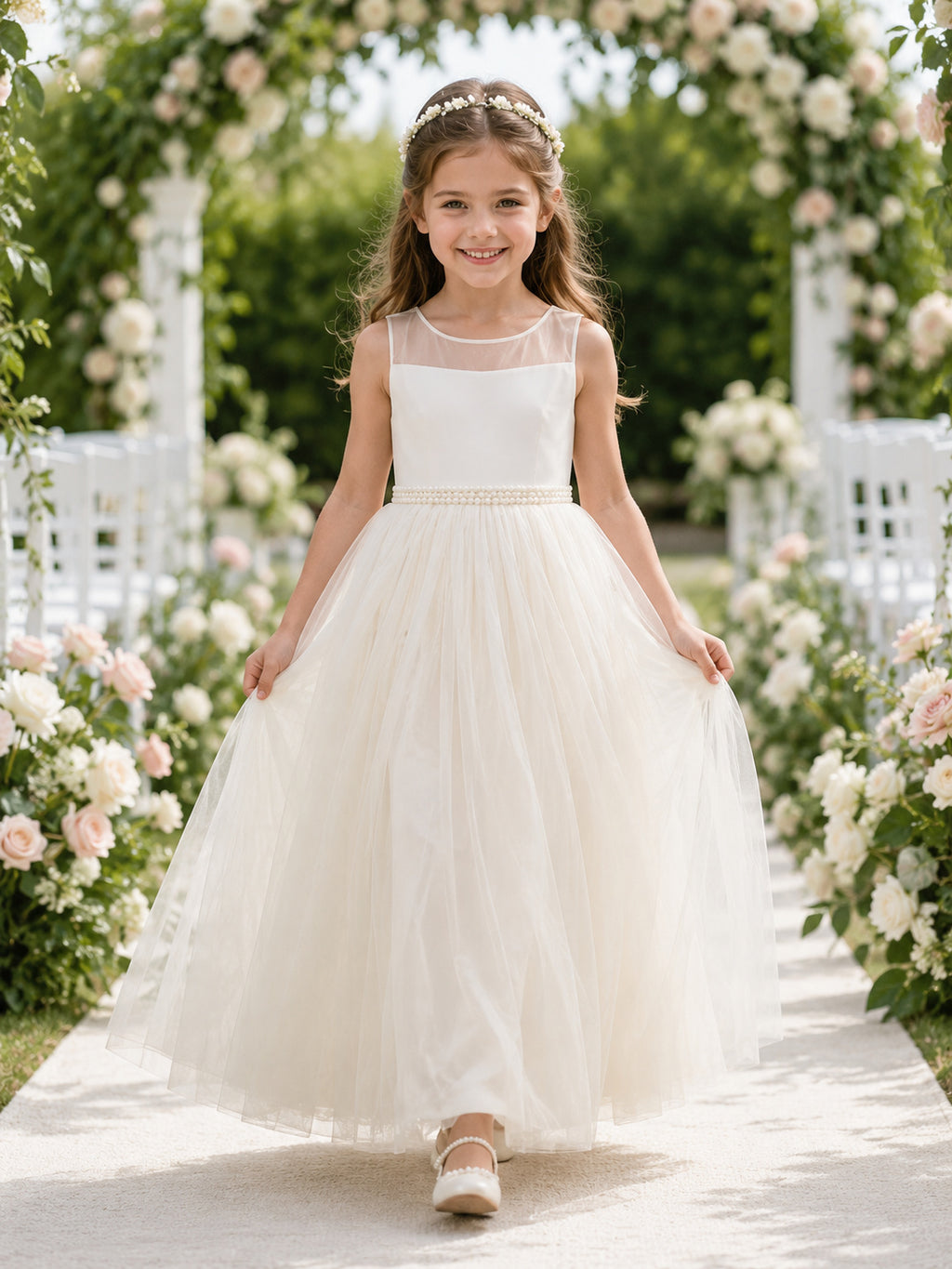Ivory Sleeveless Tulle Flower Girl Dress With Waistband front view