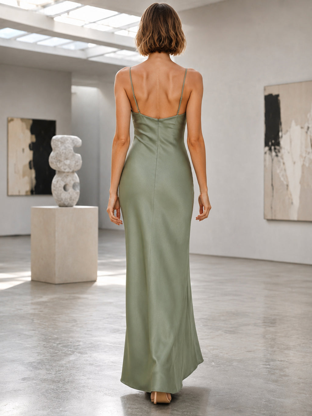 Gallery Formal Sage Simple Elegant Modern Sheath Satin Bridesmaid Dress with Cowl Neck Spaghetti Straps Sleeveless Floor-Leng