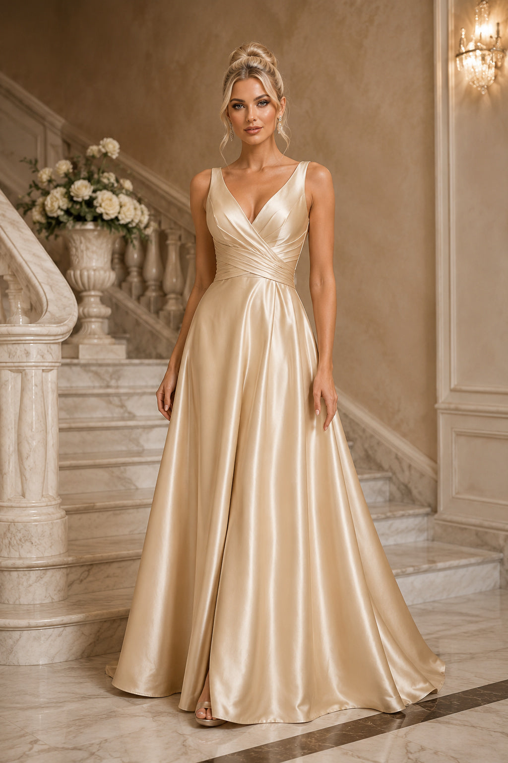 Champagne V-Neck Satin A-Line Formal Dress with Ruched Bodice and Floor Skirt front view