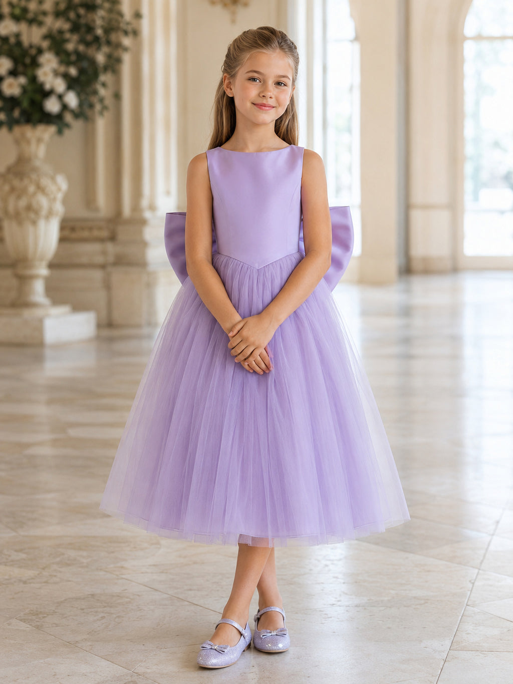 Lavender Tulle Sleeveless A-Line Flower Girl Tea-Length Garden Bow Dress front view