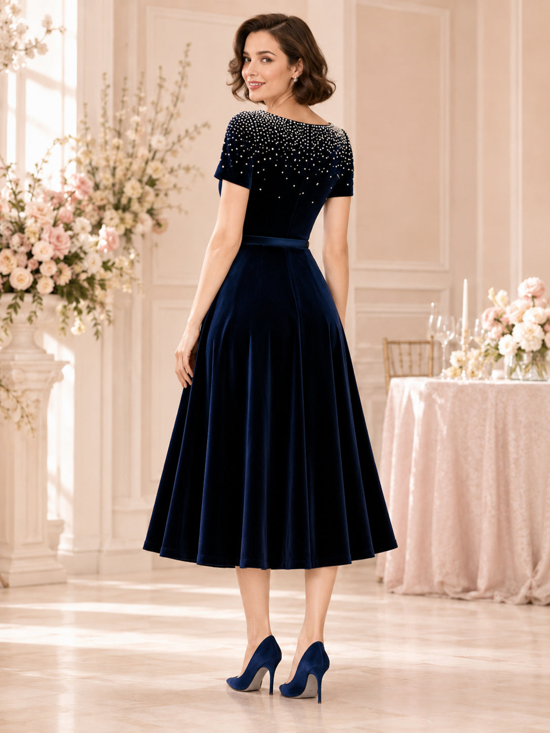 Dark Navy Beaded Bateau Neck Velvet Tea Length Guest Dress back view