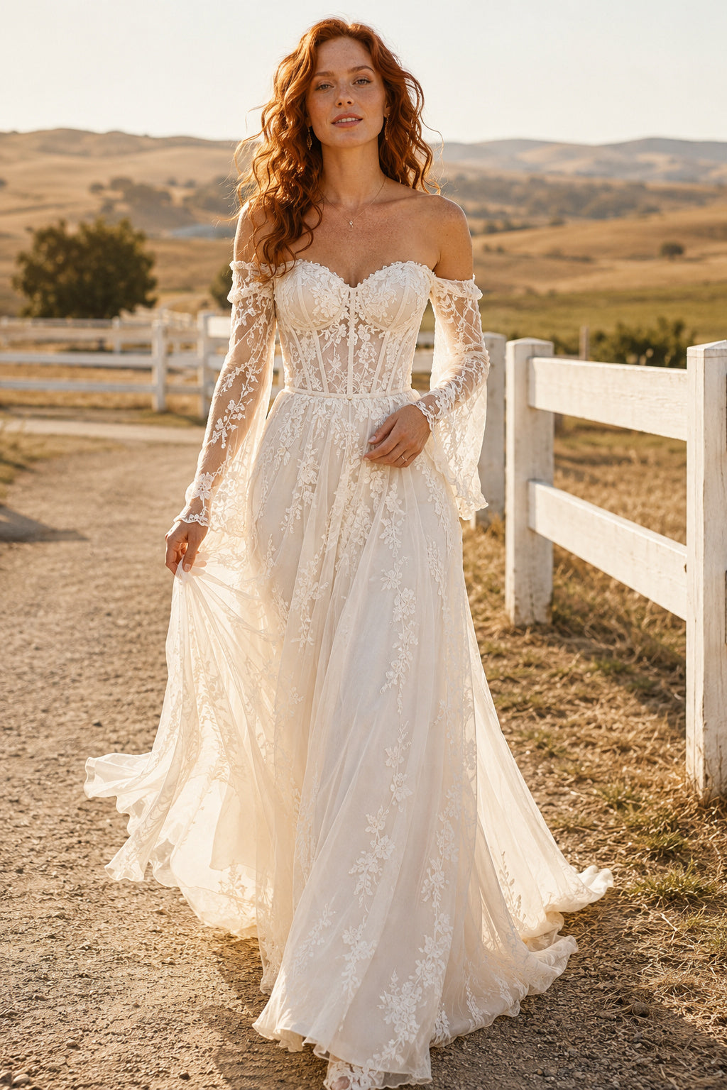 Off the Shoulder Long Sleeve A-Line Wedding Dress with Lace Bodice and Sweep Train front view