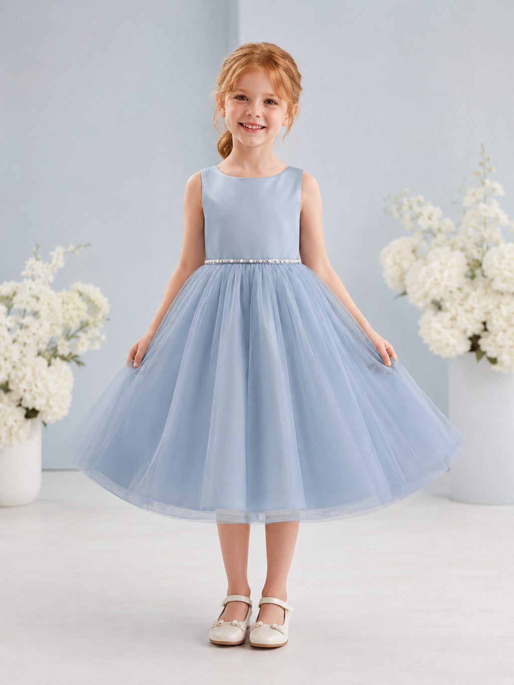 Flower Girl Dress Steel Blue Tulle A-Line Sleeveless Jewel Neck Tea Length Floral Applique front view