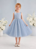 Flower Girl Dress Steel Blue Tulle A-Line Sleeveless Jewel Neck Tea Length Floral Applique front view