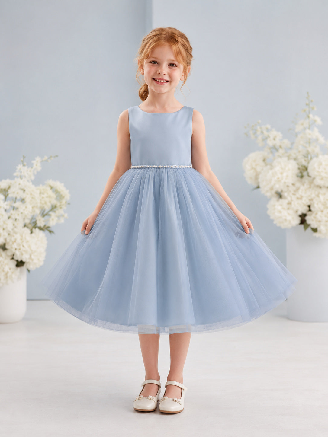 Flower Girl Dress Steel Blue Tulle A-Line Sleeveless Jewel Neck Tea Length Floral Applique front view