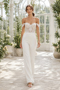 White Off-the-Shoulder Lace Bodice Bridal Jumpsuit front view