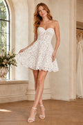 Strapless Sweetheart Lace Mini Wedding Dress front view