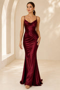 Burgundy Spaghetti Strap Burgundy Cowl Satin Sheath Dress Floor Length Sheath Bridesmaid Dress front view