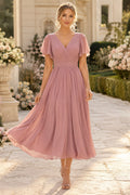 Dusty Rose Chic Formal Wedding Guest Sheath Dress front view
