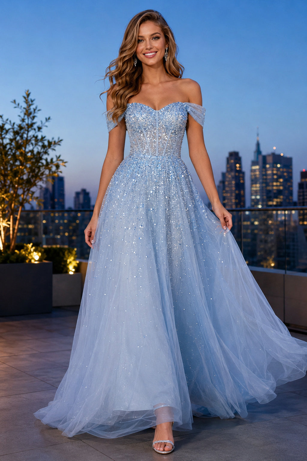 Sky Blue Off the Shoulder Sky Blue Tulle A Line Gown with Sparkle Bodice Floor Length And Sweep/Brush Train A Line Prom Dress