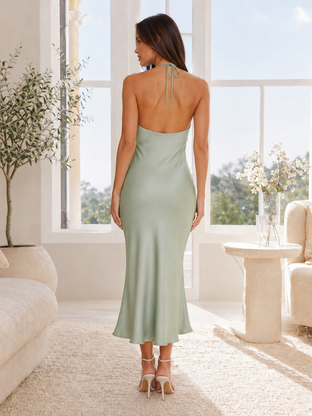 Sage Green Halter Keyhole Satin Midi Sheath Cocktail Dress back view