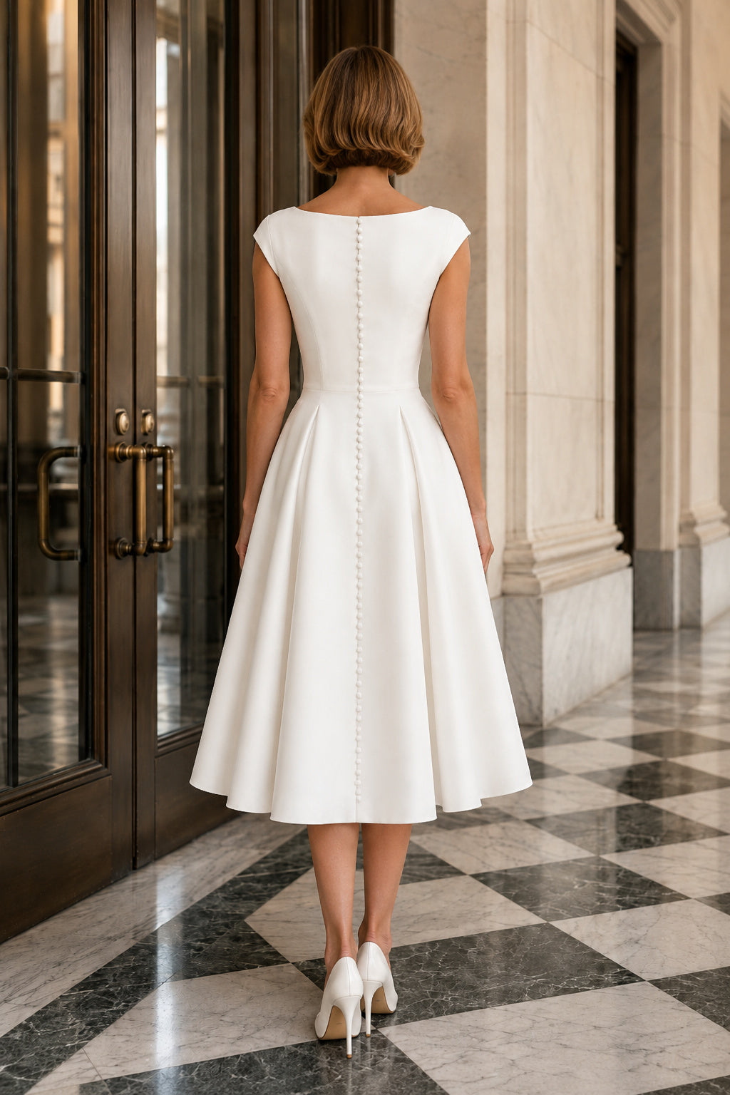 Bateau Tea-Length Satin A-Line Wedding Dress with Button Back back view