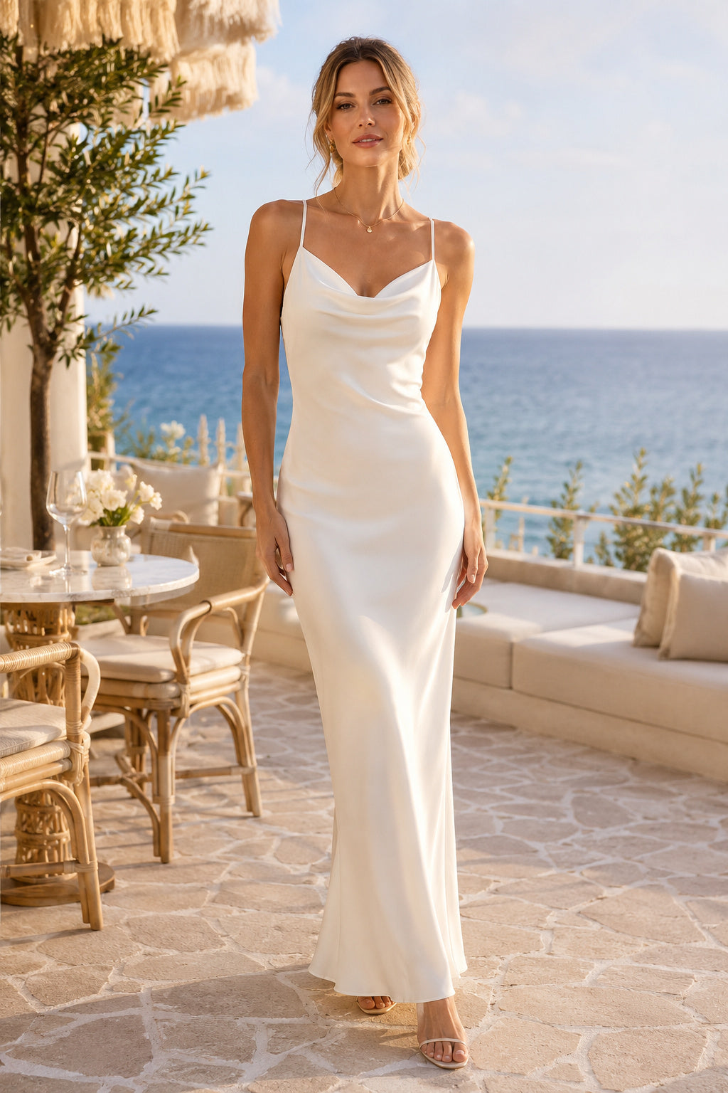 White Vacation Cutout Back Dress Satin Sheath Cowl Spaghetti Strap Floor Length front view