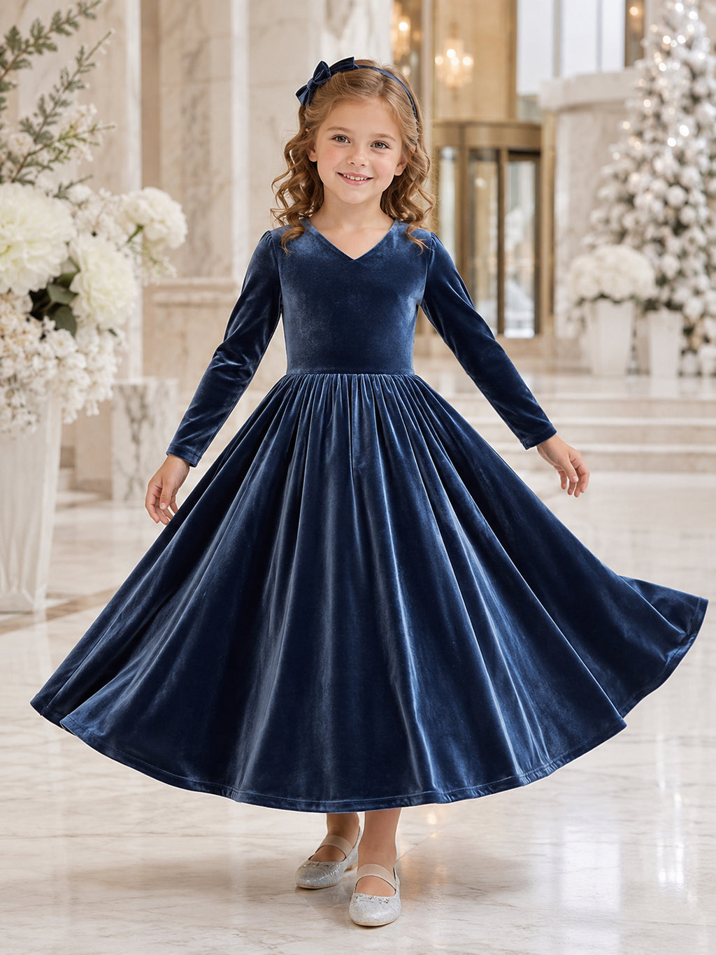 Flower Girl Dress Dark Navy Velvet Tulle A-Line Long Sleeve Scoop Tea length Sash Detail front view