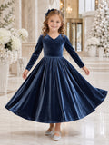 Flower Girl Dress Dark Navy Velvet Tulle A-Line Long Sleeve Scoop Tea length Sash Detail front view