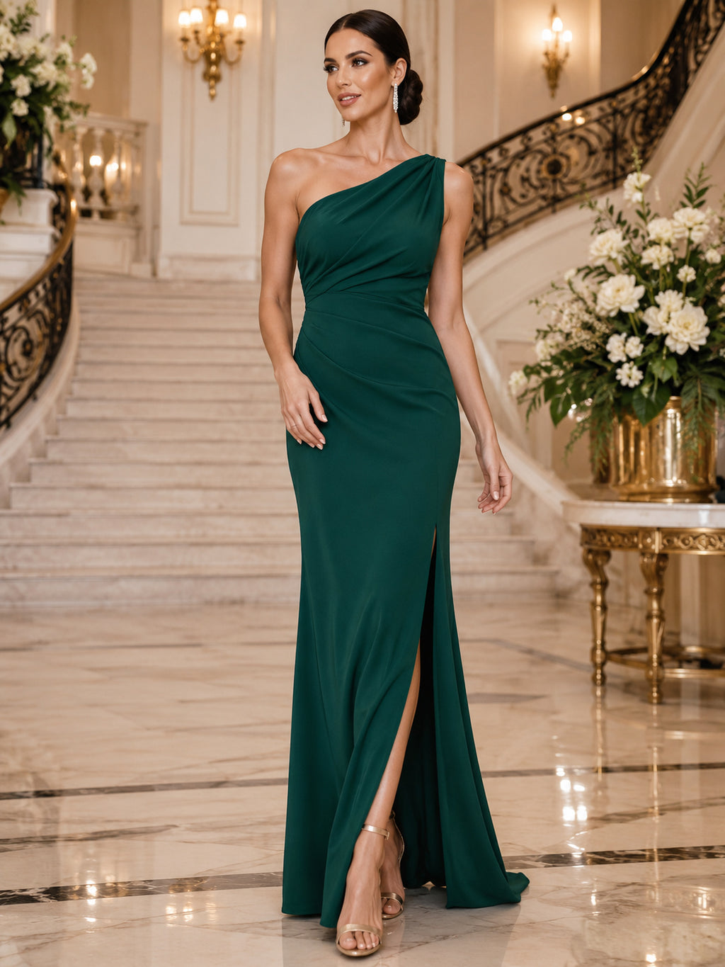 Emerald one shoulder sheath evening gown with side slit front view