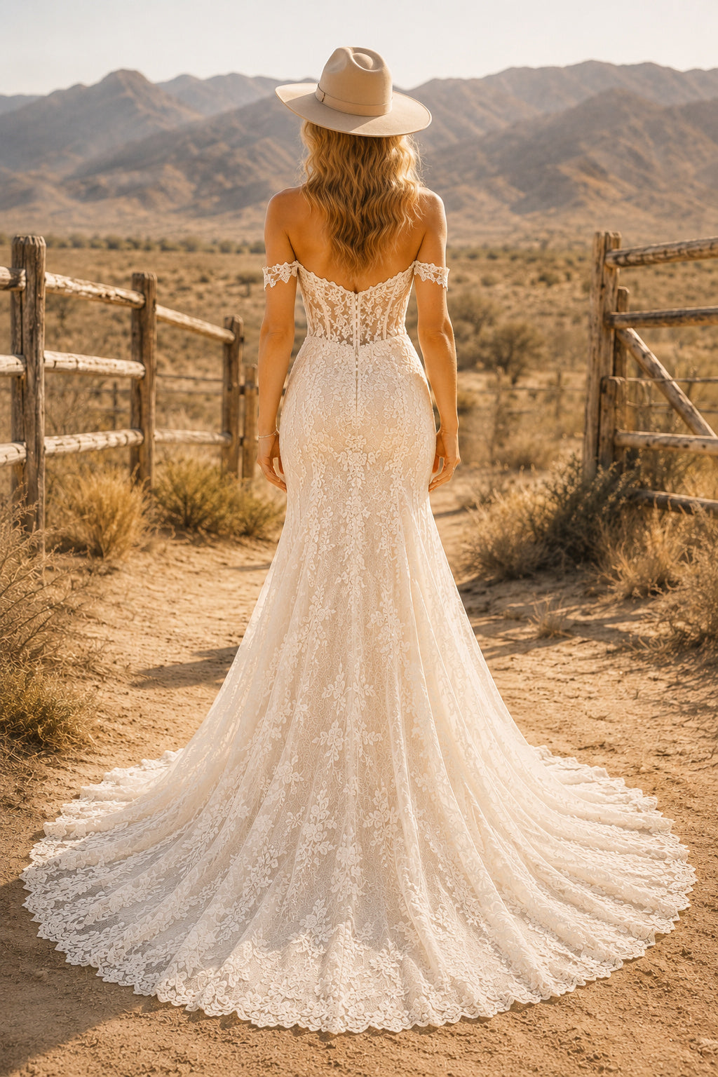 Ivory Off-the-Shoulder Lace Mermaid Wedding Dress with Short Sleeves and Scalloped Train back view