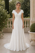 White Scoop Cap Sleeves Sheath Lace Floor-length Wedding Dress With Lace and Layered Skirt and Open Back