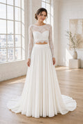 White Bateau Cap Sleeves Sheath Crepe Floor-length Wedding Dress With Layered Skirt and Beaded Bodice and Open Back