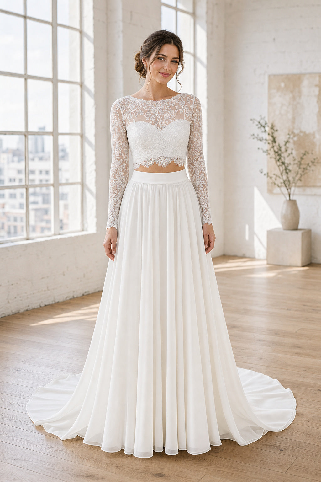 White Bateau Cap Sleeves Sheath Crepe Floor-length Wedding Dress With Layered Skirt and Beaded Bodice and Open Back