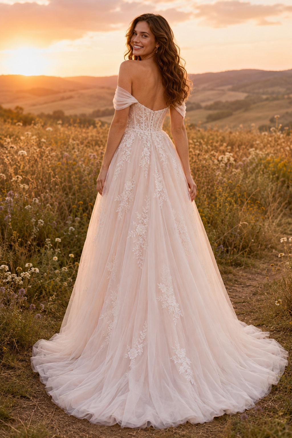 Blushing Pink Off-the-Shoulder Tulle A-Line Wedding Dress with Lace Applique back view