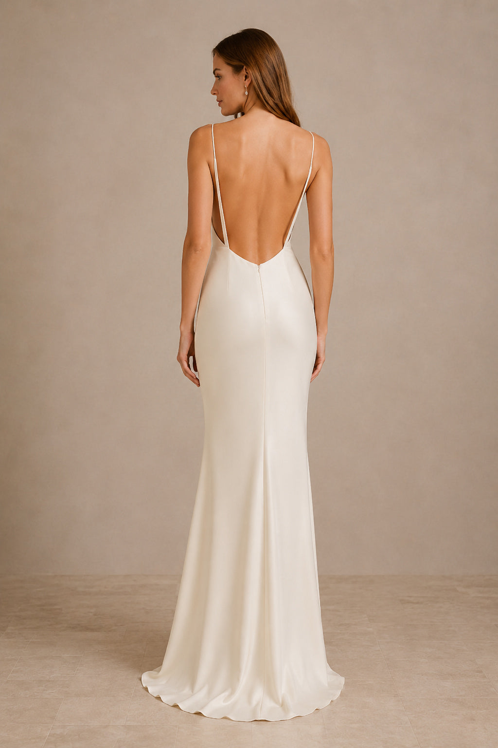 Ivory spaghetti strap satin sheath gown with cowl neckline and ruched bodice Floor-length Sheath Wedding Dress back view