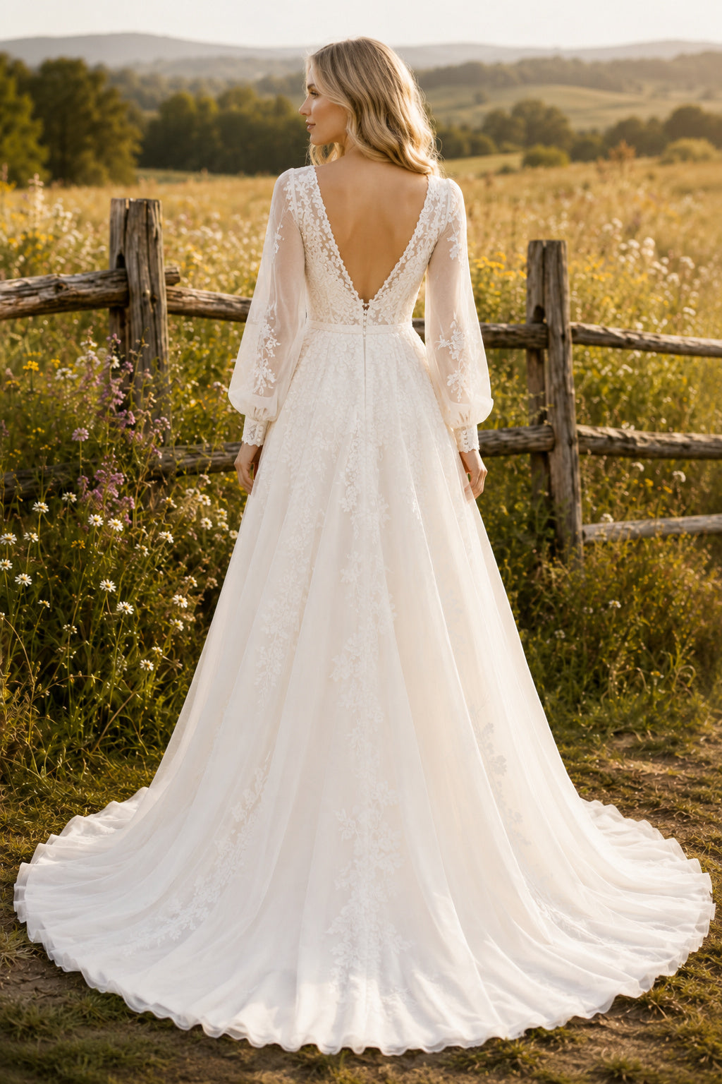 Long Sleeve V-Neck A-Line Wedding Dress with Lace Bodice and Chiffon Train for Beach Garden Ceremony back view