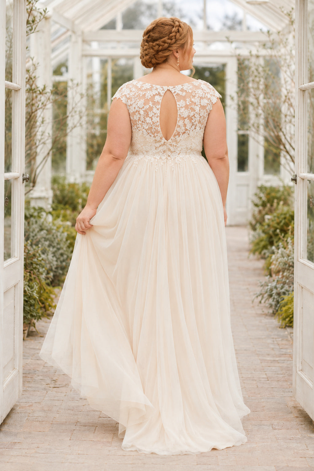 Plus Size High Neck Cap Sleeve Lace Wedding Dress with Keyhole Back back view