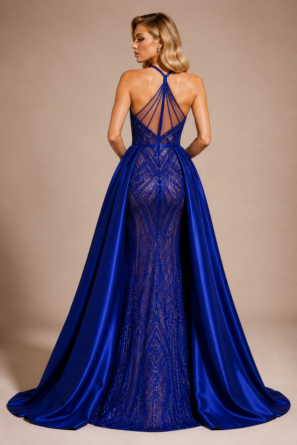 Royal Blue Halter Beaded Prom Dress Removable Satin Overskirt for Prom and Formal Events back view