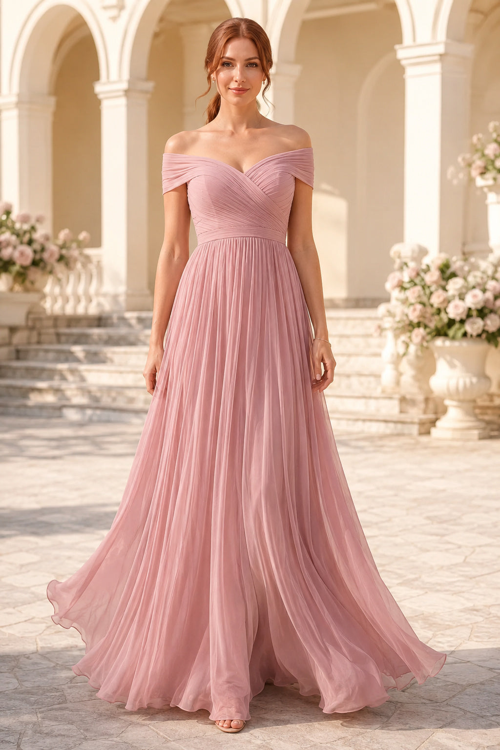 Dusty Rose Off-the-Shoulder Tulle A-Line Bridesmaid Dress with Sweetheart Neck and Soft Skirt front view