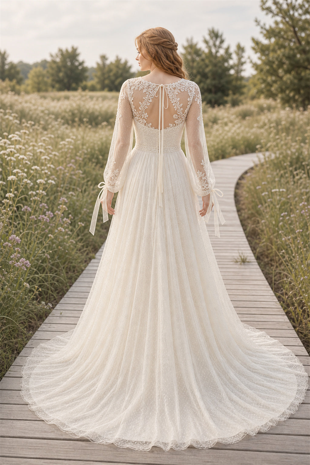 White Halter A-Line Chiffon Floor-length Wedding Dress With Beaded Bodice and Pleated Skirt and Open Back