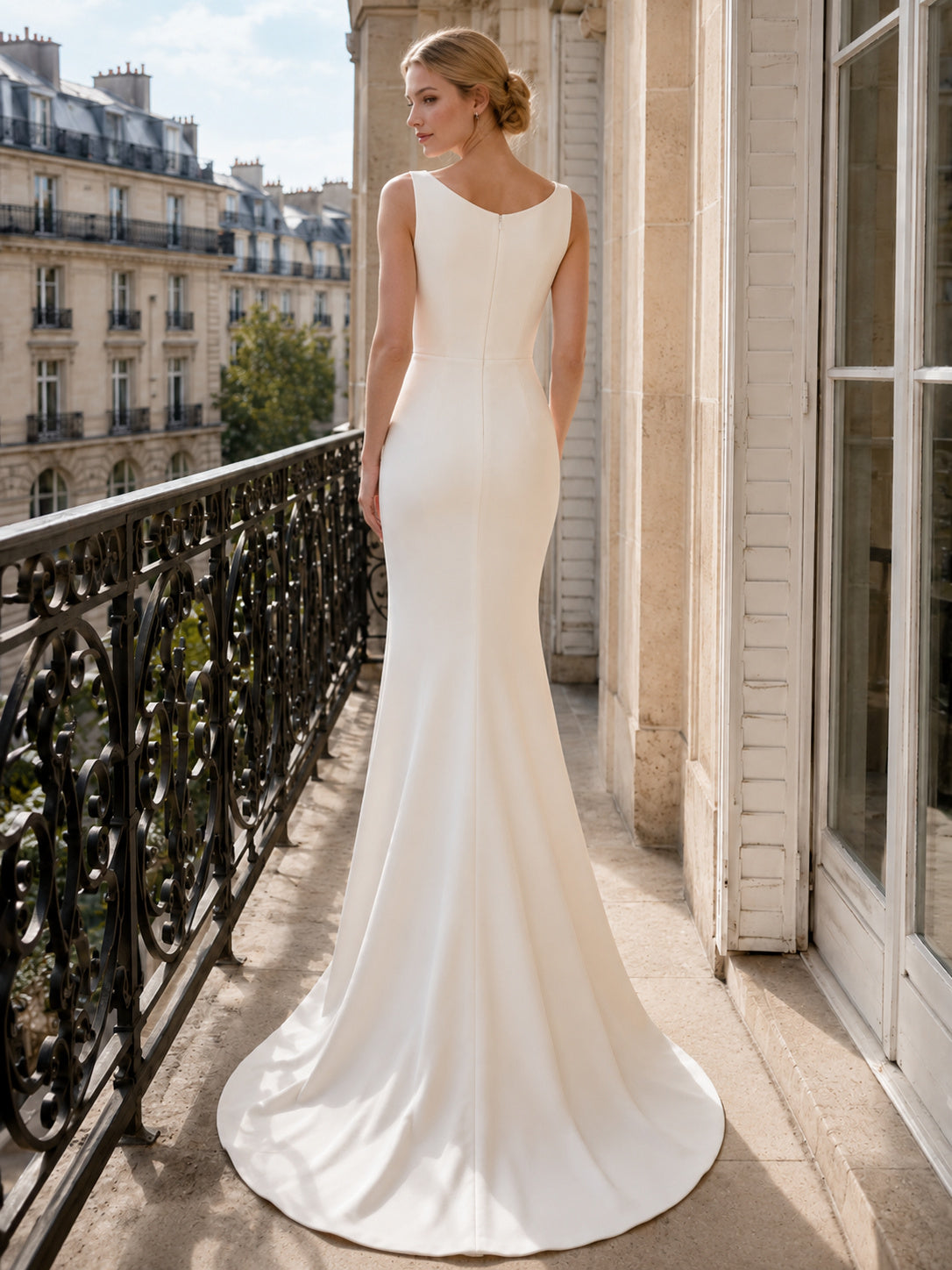 Bateau Neck Crepe European Balcony Mermaid Elopement Gown back view