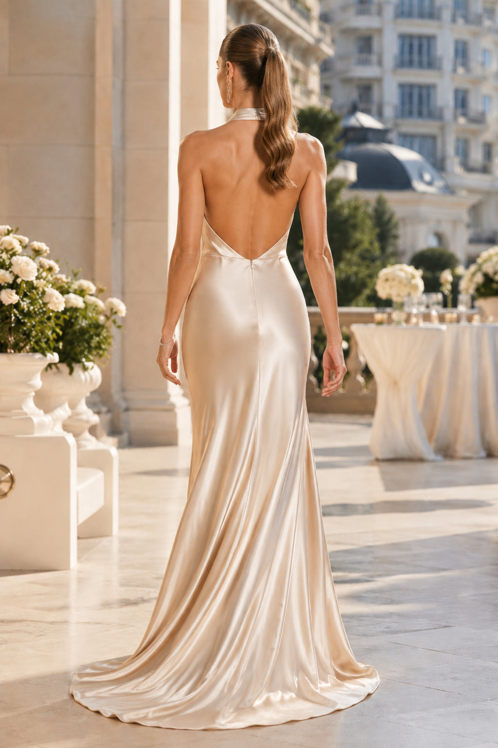 Champagne Satin Halter Cowl Neck Evening Dress with Low Back back view