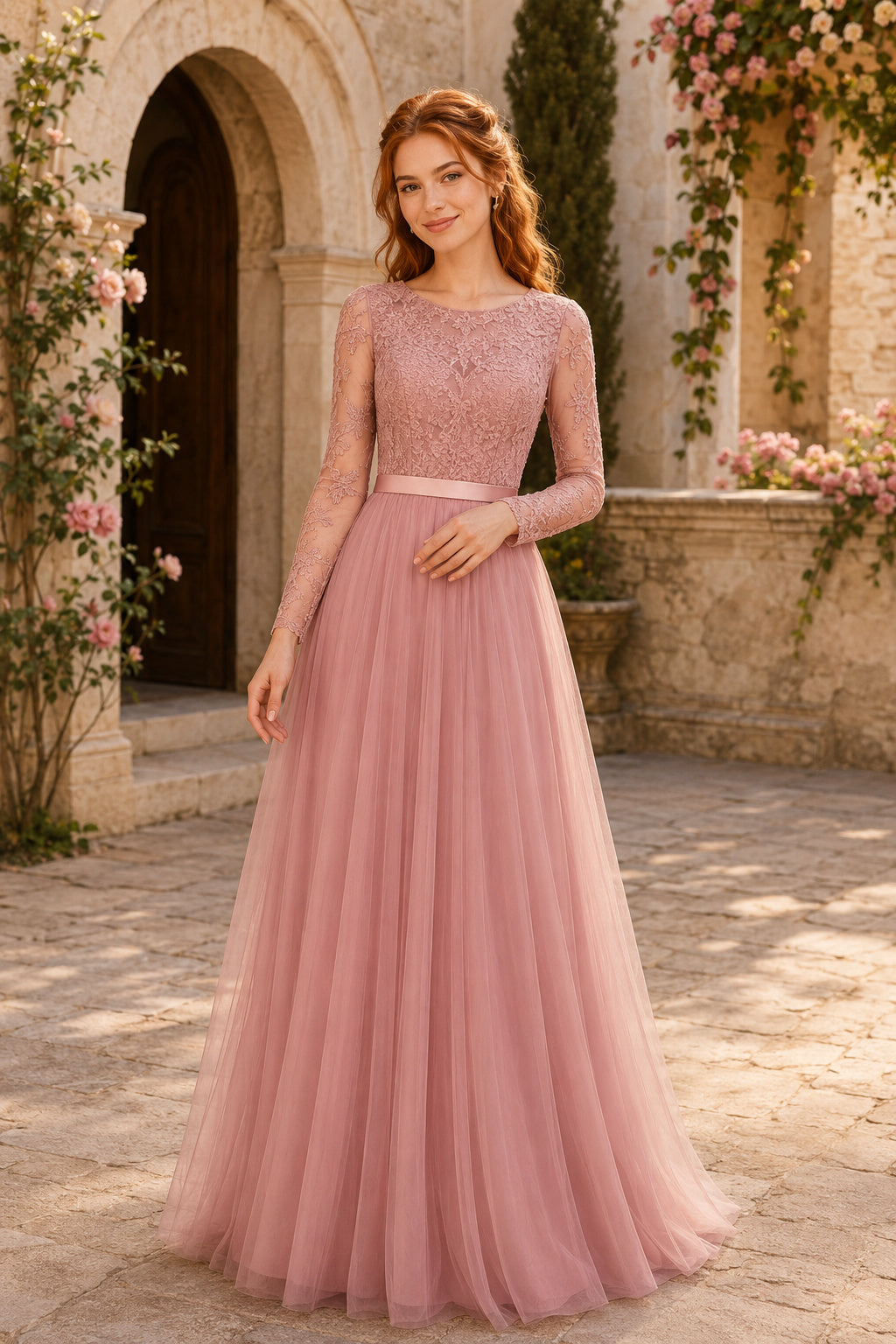 Dusty Rose Long Sleeve Lace Illusion Bodice with Tulle Skirt Floor Length A-Line Mother Dress front view