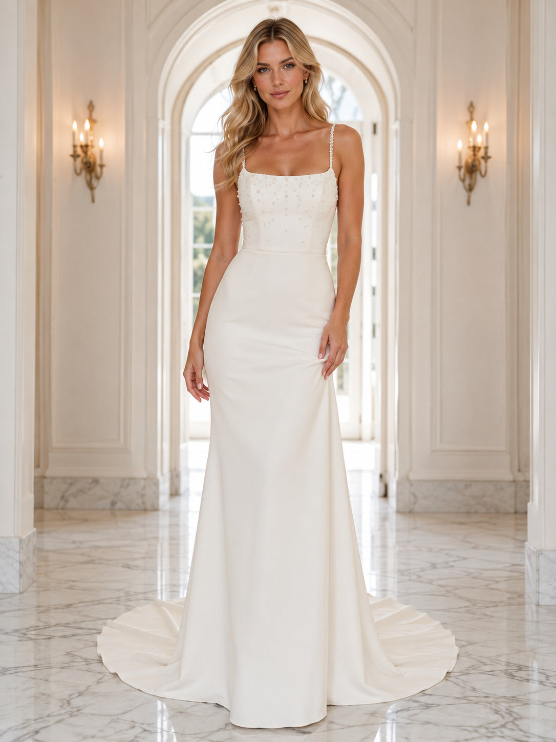 Spaghetti Strap Minimalist Crepe Marble Interior Elopement Gown front view