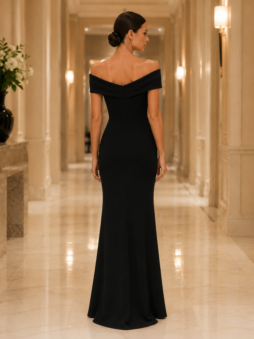 Black Minimalist Off-the-shoulder Slit Mermaid Evening Dress back view